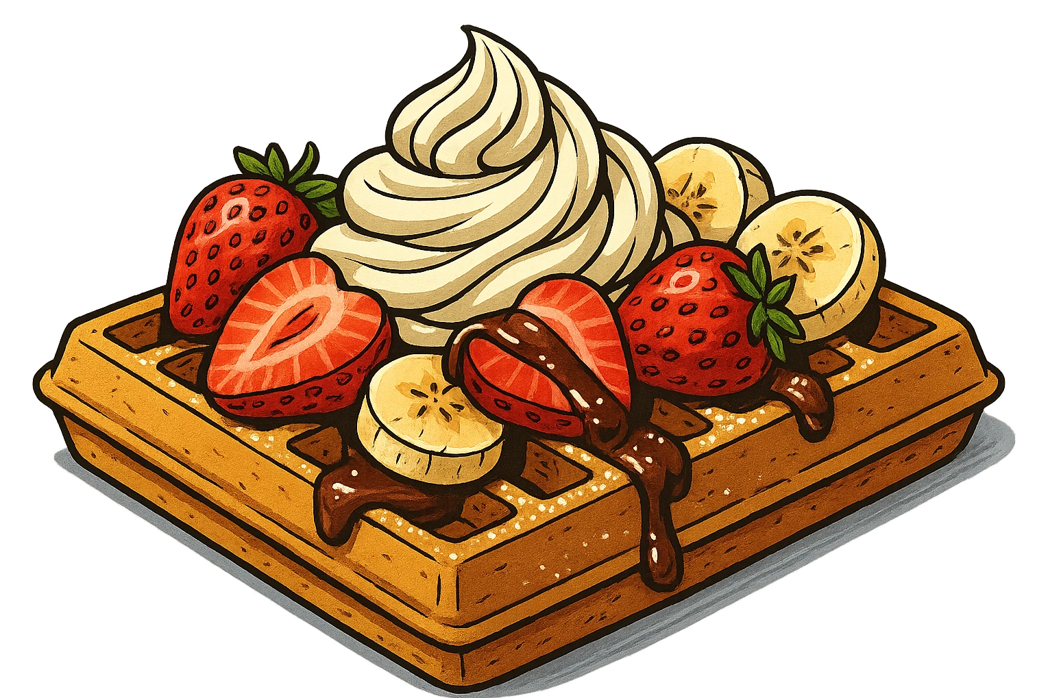 В слегка рисованном, но при этом ярком и объемном стиле с четкими линиями составь композицию, где горизонтально лежит классическая брюссельская вафля с клубникой и бананом, сливочными кремом, политая шоколадом и посыпанная сахарной пудрой, профессиональный свет, подчеркивающий объем, сделай картинку более широкой, прозрачный фон emoji