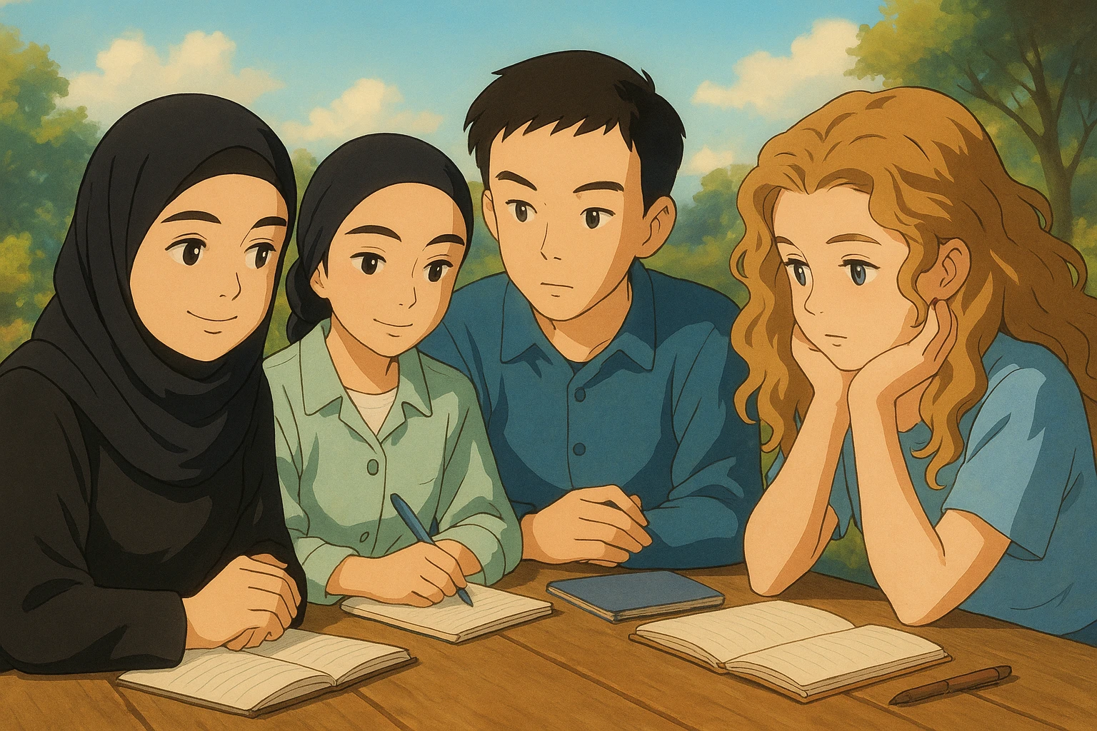 Scène de quatre étudiants inspirés des photos, discutant et réfléchissant ensemble, ambiance détendue, fond inspirant, style Ghibli, plusieurs carnets et stylos sur la table. emoji