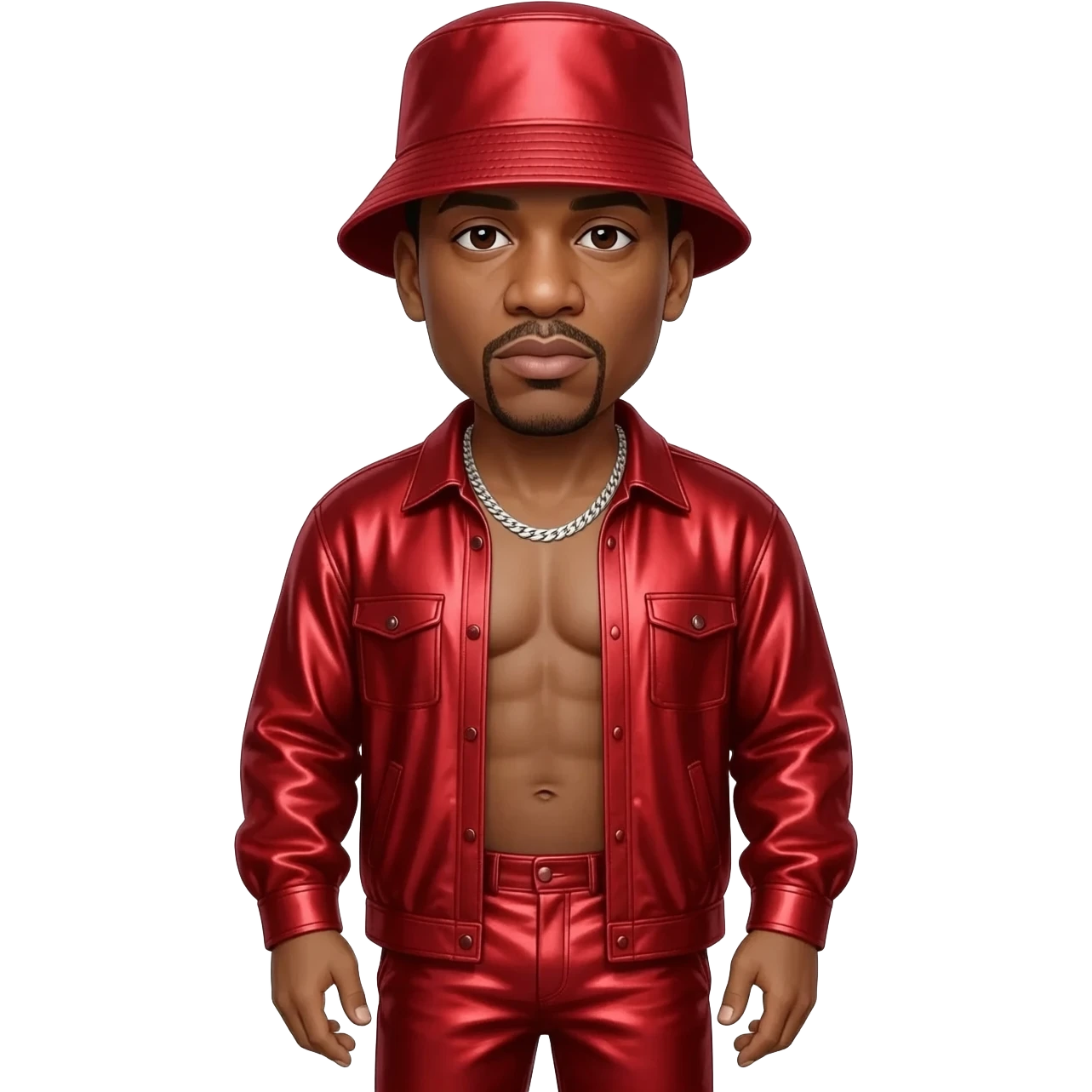 LL Cool J with dark brown eyes, red bucket hat, red metallic open shirt, red metallic baggy pants, shirtless with silver necklace emoji