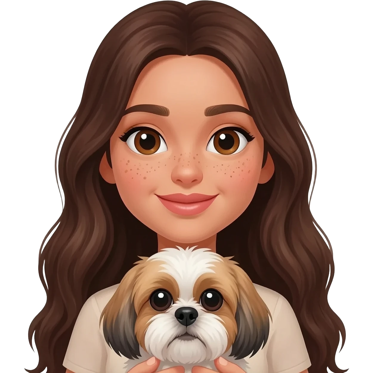 Tan Brunette girl with long hair and beauty spots under her lip and below her eyes, holding shih tzu emoji