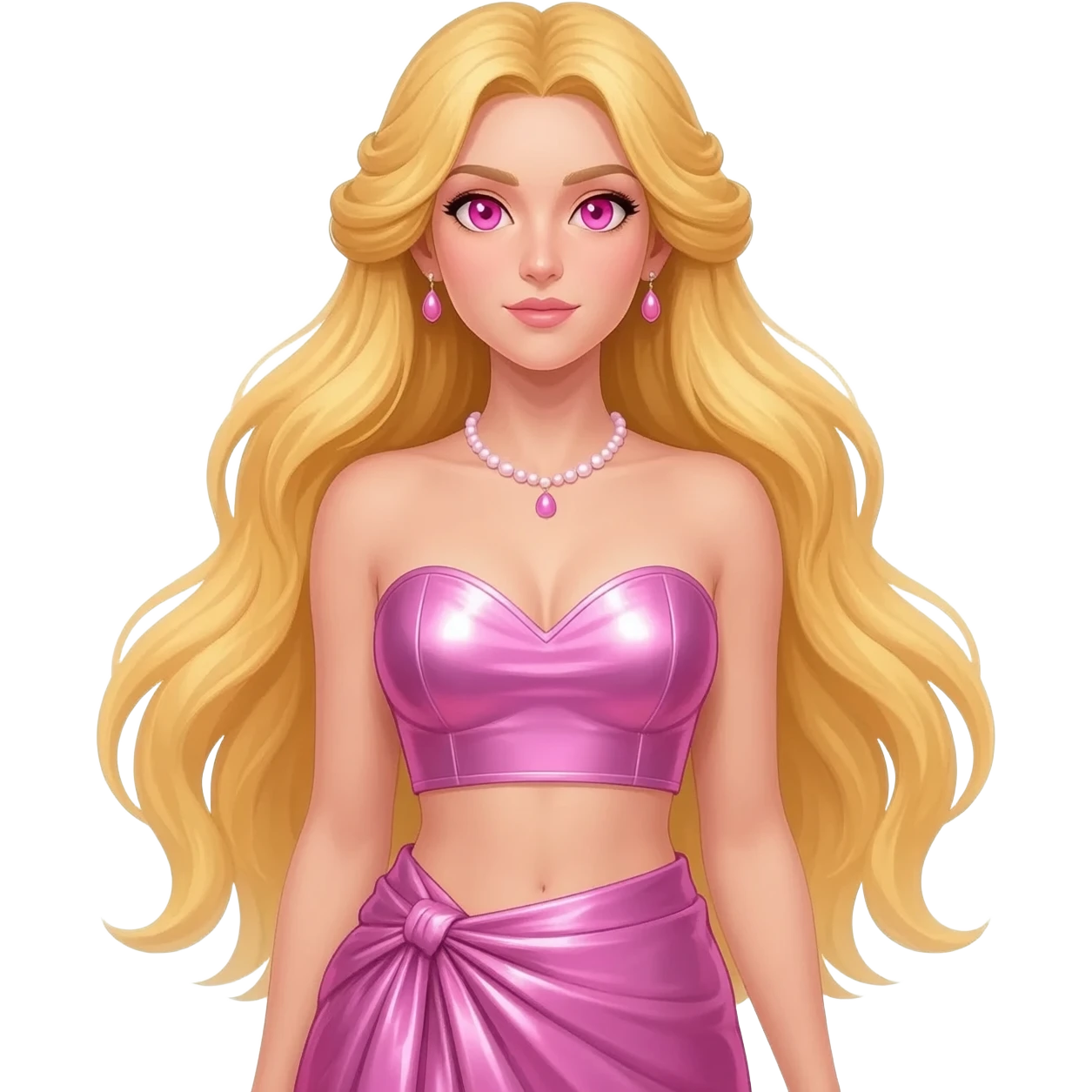 Aphrodite from Greek Mythology with pink eyes, long blonde hair, pink metallic sweetheart crop top, pink metallic wrap long skirt, pink necklace and earrings emoji