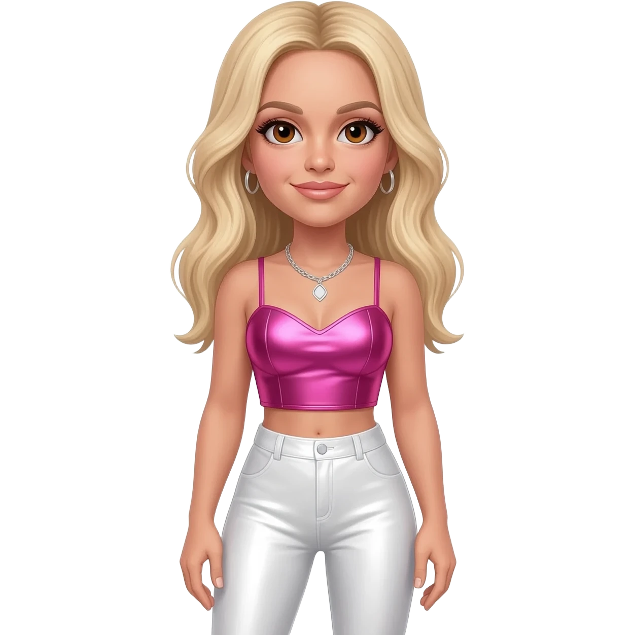 Britney Spears with brown eyes, long golden blonde hair, hot pink metallic sweetheart crop top, white metallic leggings, silver necklace emoji
