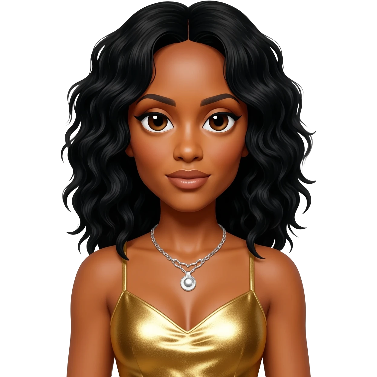 Kelly Rowland from Destiny's Child with black hair, gold metallic dress, silver necklace emoji