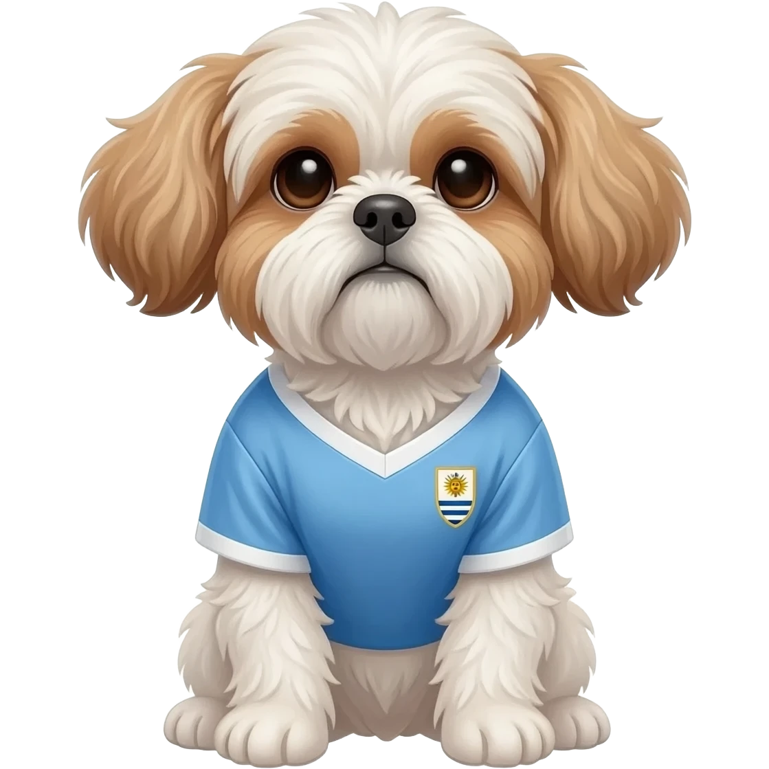 white and light brown shih zhu wearing a Uruguay soccer jersey v neck 2026 work cup emoji
