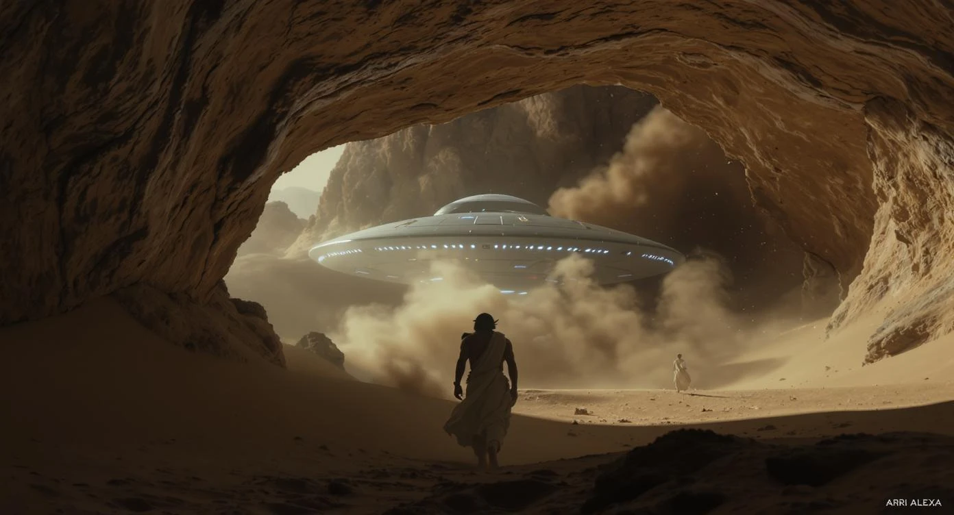 cinematic still, documentary photography, acient egypt, back shot of a man dress in ancient clothes in cave (frame in frame effect) on ground laying front of ufo starship, sand flying around, dynamic scane, leading lines, captured by arri alexa, depth layers emoji