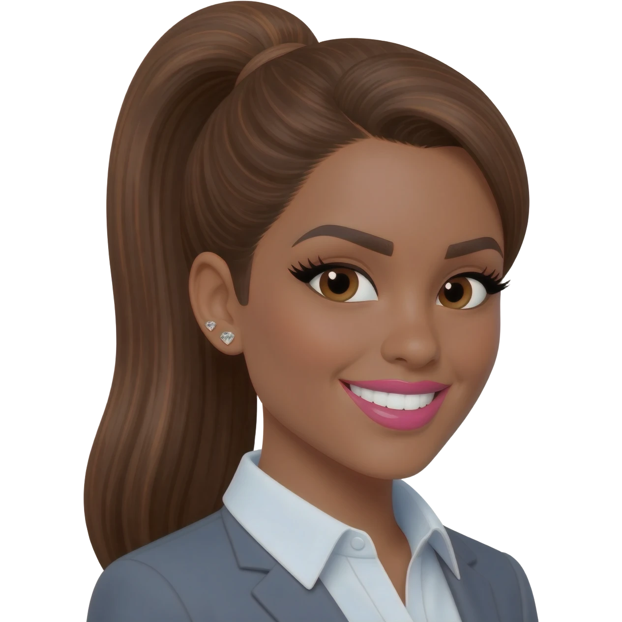 brunette with very long medium brown hair with highlights, in a sleek high ponytail, dark brown eyes, medium brown eyelash color, full lips, small button nose, olive color skin, full eye lashes, diamond earring studs, pink lipstick, nice smile, medium brown eyebrows, with a professional shirt emoji