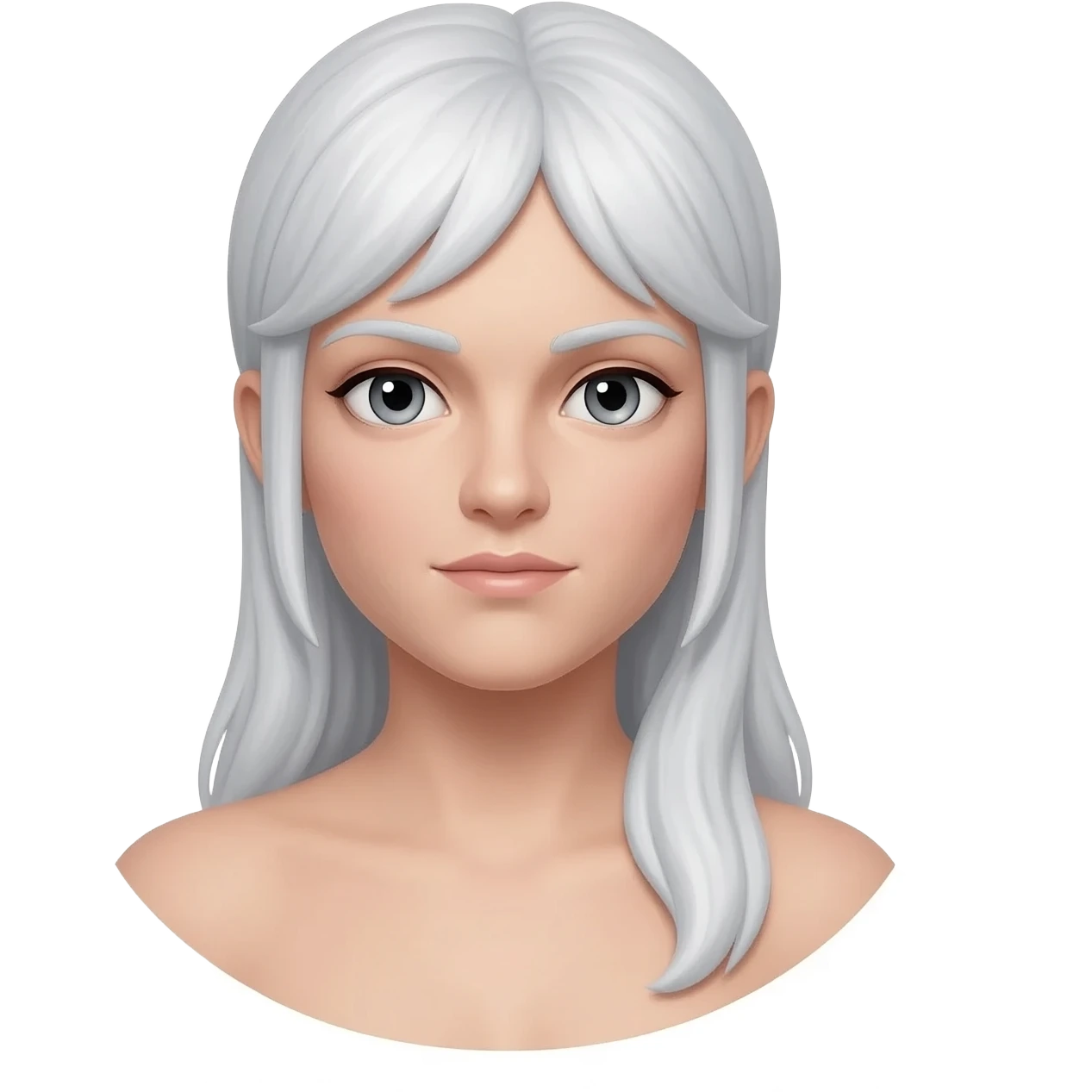 Artemis from Greek Mythology with grey eyes, long white hair, silver emoji