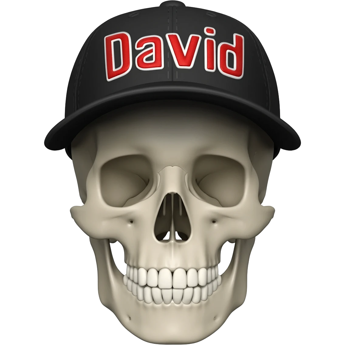 Create a skeleton head wearing a black baseball cap that says " David " in red, and white lettering, with no hair emoji