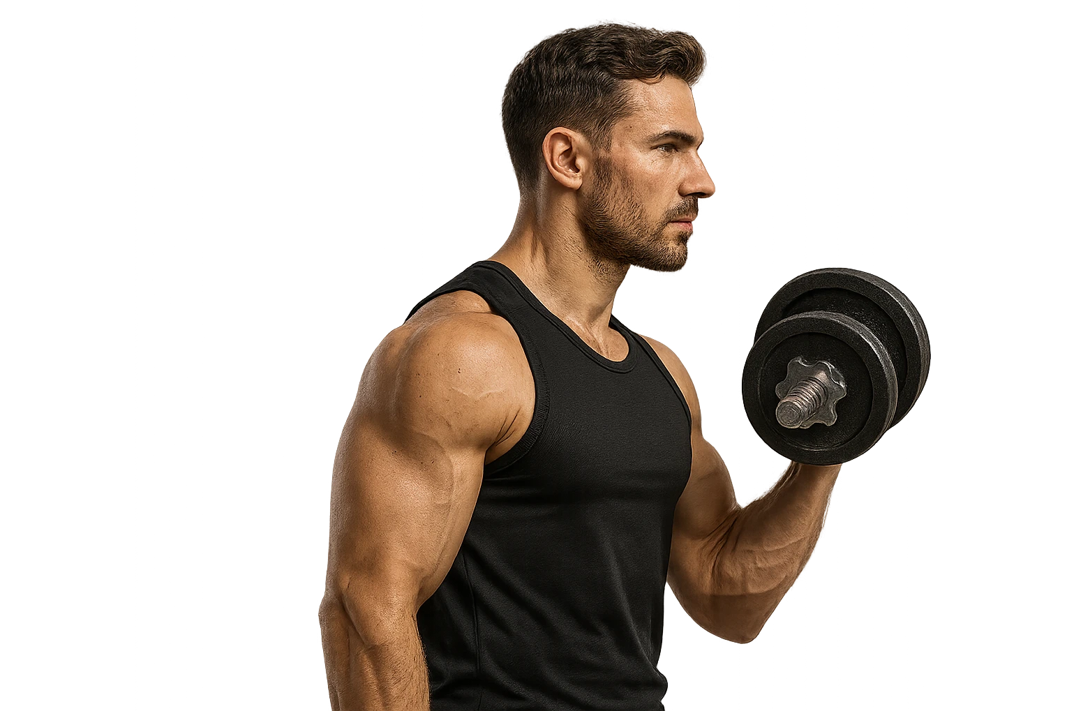 uomo fitness di profilo con manubrio da palestra in mano, iperrealistico 4k emoji