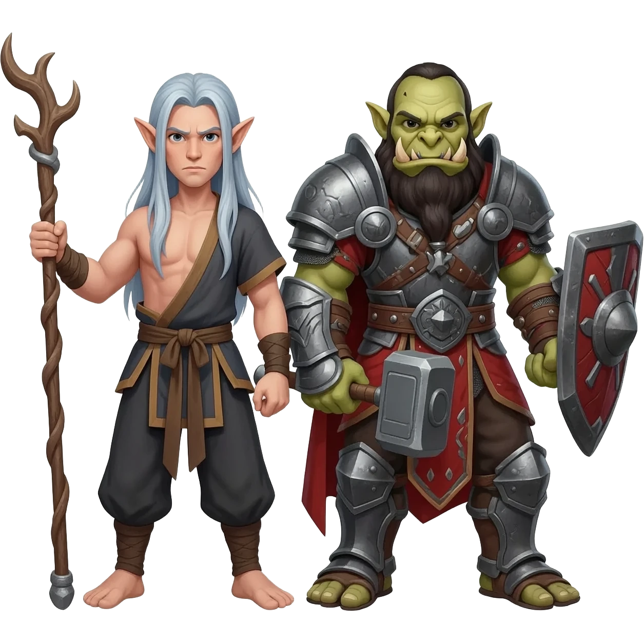 A male elf kungfu master with a staff and long silver blue hair, a taller male orc shaman with hammers in each hand, and a male elf paladin in red armor, as a group emoji