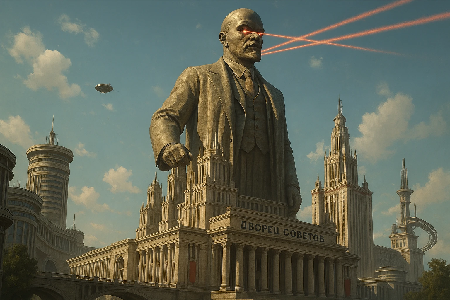 Дворец Советов реалистичный, как на фото. В стиле Atomic Heart, ретрокиберпанк. Упор на 100-метровую фигуру Ленина, у которой из глаз прожекторы лазерные. Светло, день emoji