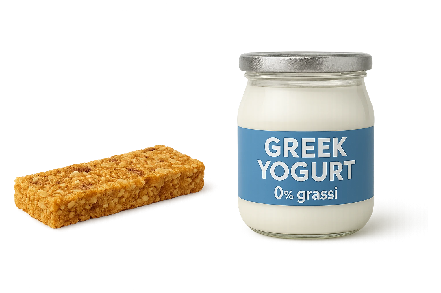 BARRETTA ENERGETICA E BARATTOLO DI YOGURT GRECO CON  LA SCRITTA "0% grassi" SULL'ETICHETTA  , ISOLATA SU SFONDO BIANCO emoji