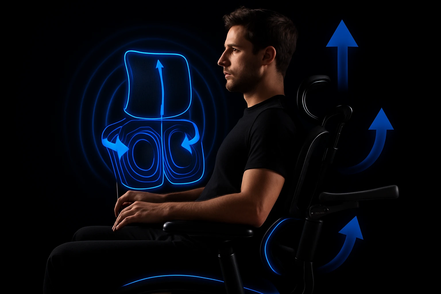 Youtube thumbnail of person using ergonomic chair, black solid background, neon light, closeup showing details of ergonomic chair  emoji