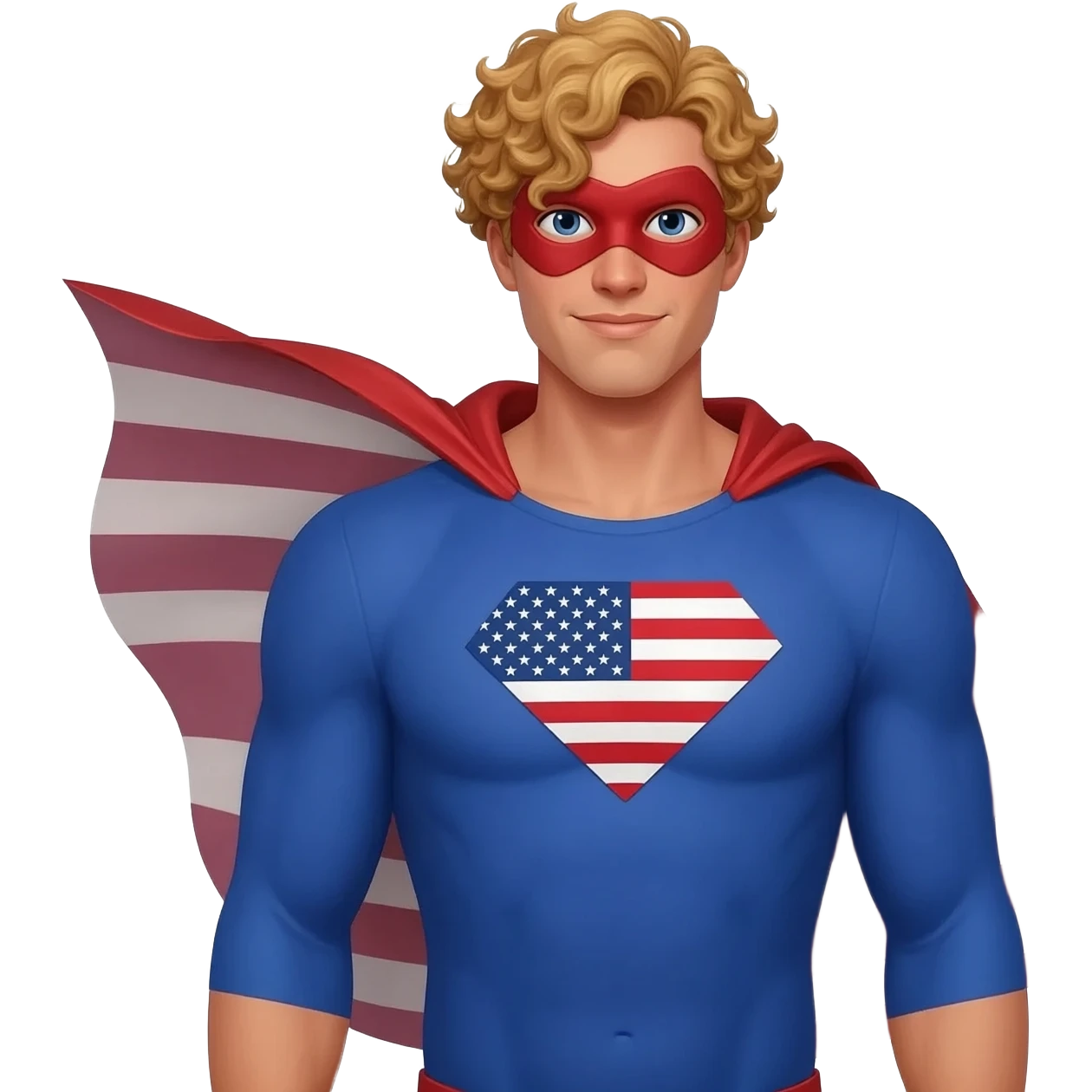 A superhero’s (Army Troop) cape blowing in the wind. Just the cape and mask. Troop is light skin with brown-blonde curly hair. Add an American Flag over Chest. emoji