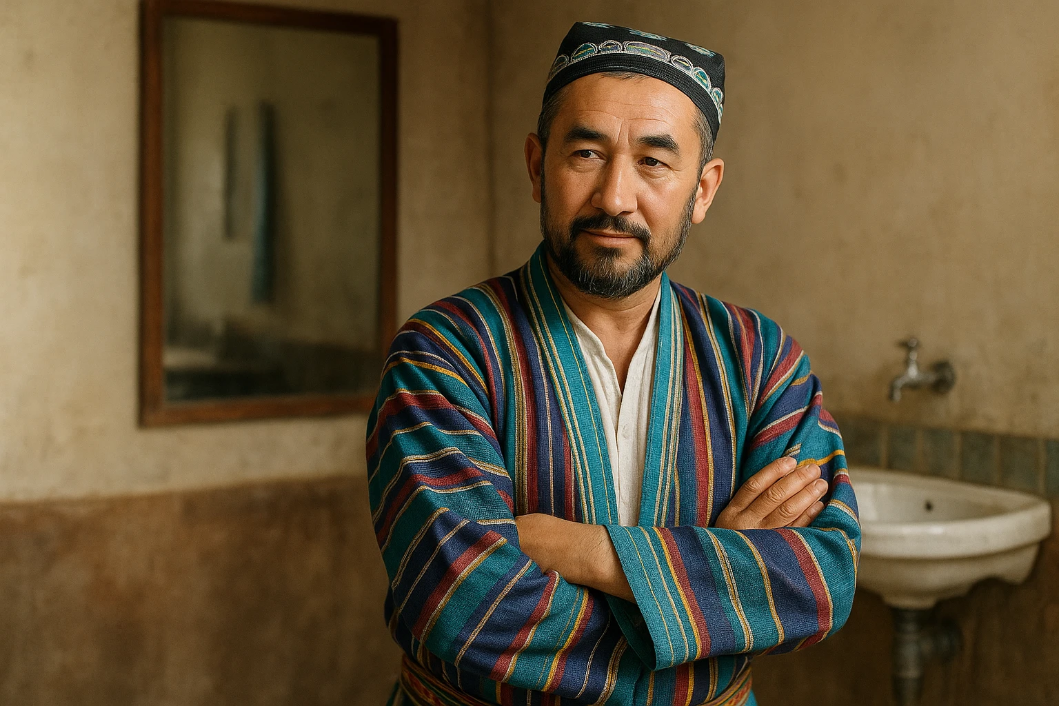 uzbek sartaroshi qo'lini qovushtirib turibdi yon taraf sal pastroq rakusdan emoji