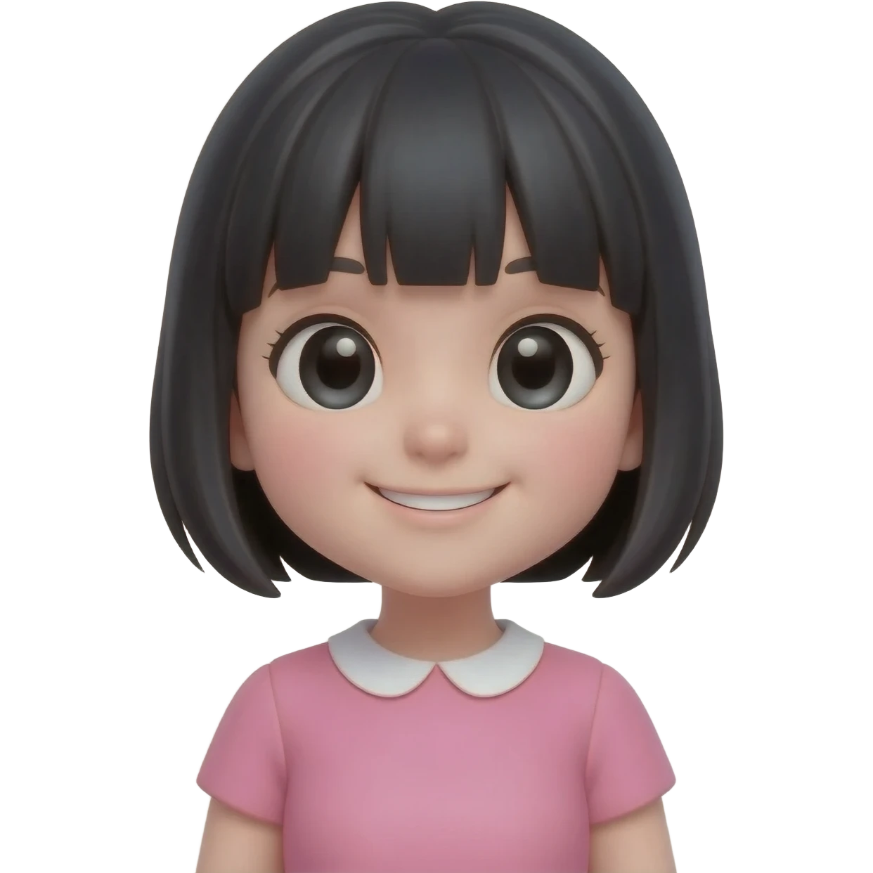 “Cute 3D emoji of a sweet anime girl with short black hair, pink dress, big shiny eyes, smiling, soft cartoon style, glossy emoji character.” emoji