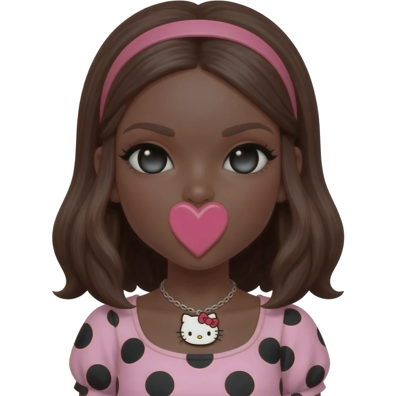 Doll faced shaped, hello kitty necklace, heart shaped cute lips bimbo, black doll eyes, Big lips barbie, dark brown skin with brown hair, bimbocore outfit light pink and black polkadots emoji