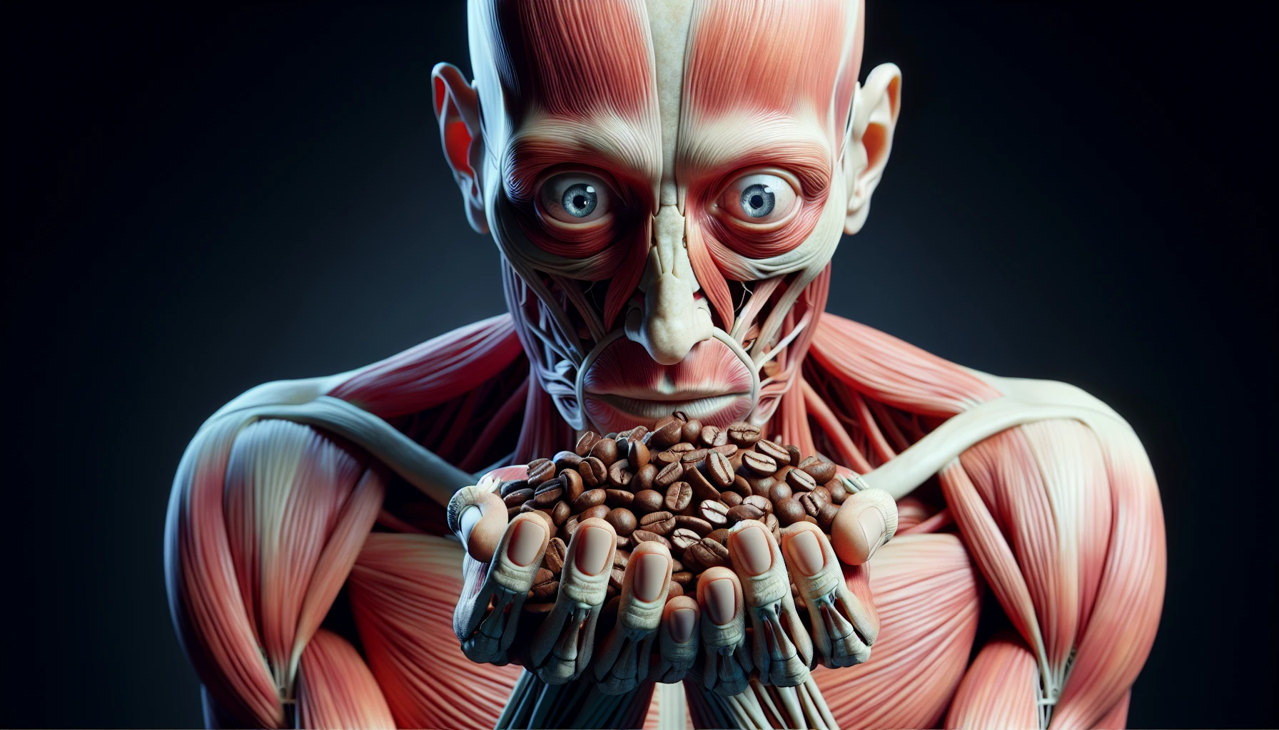 corpo umano anatomico che tiene in mano una manciata di chicchi di caffè e la guarda come se fosse dipendente da essa, stralunato, iperrealistico 4k emoji