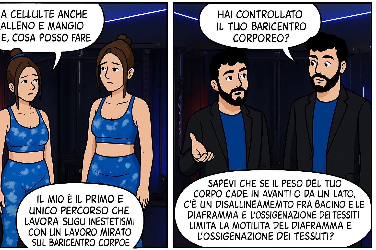 TRASFORMA QUESTO CAROSELLO IN UN FUMETTO CON QUESTE DUE PERSONE IDENTICHE CHE INTERLOQUISCONO TRA LORO:

LEI: Ho la cellulite anche se mi alleno e mangio bene, cosa posso fare?

LUI: Hai controllato il tuo baricentro corporeo?
Sapevi che se il peso del tuo corpo cade in avanti o da un lato, c’è un disallineamento fra bacino e torace, che comprimendo le coste, limita la motilità del diaframma e l’ossigenazione dei tessuti?
Il mio è il primo e unico percorso che lavora sugli inestetismi con un lavoro mirato sul baricentro corporeo. emoji