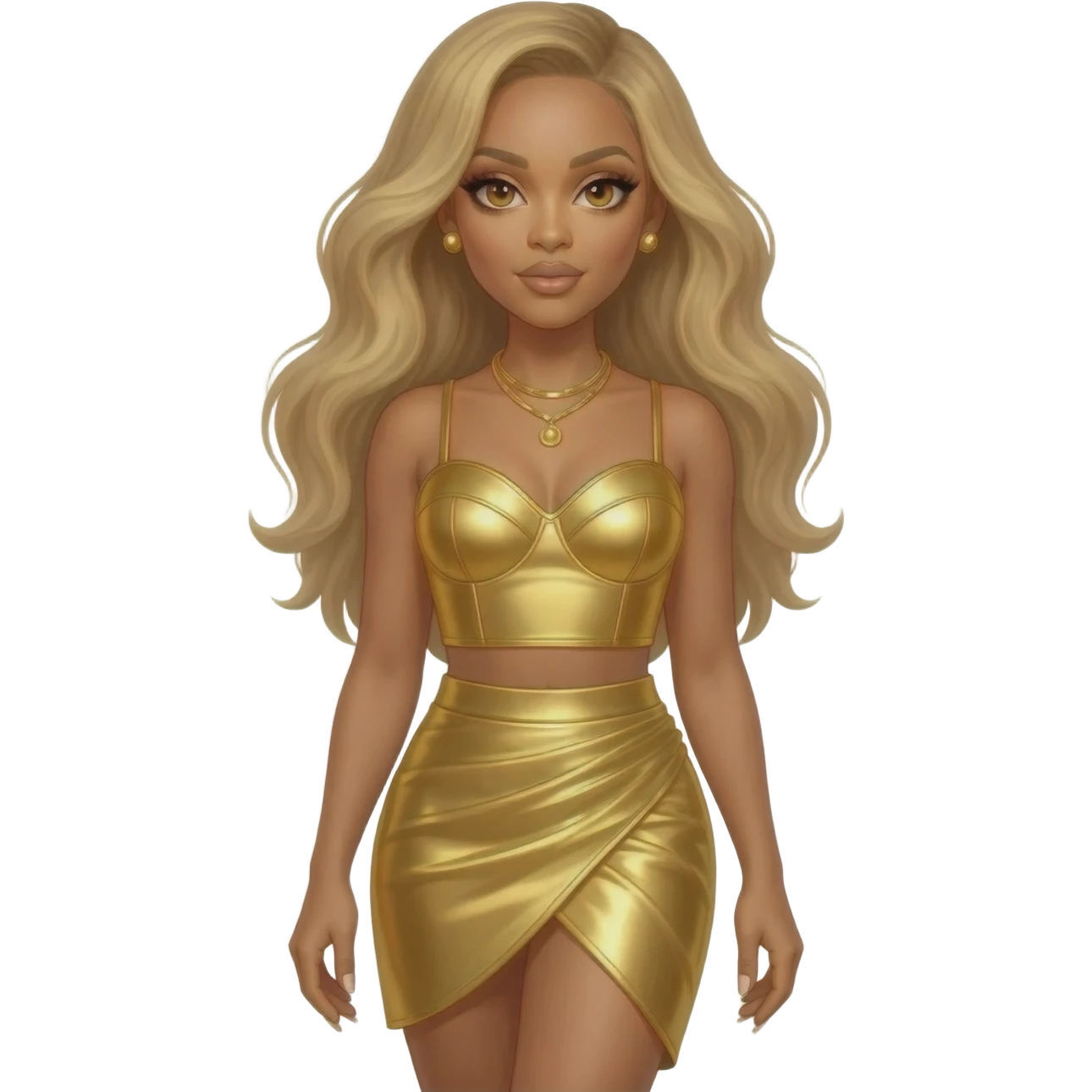 Beyonce with hazel eyes, long blonde hair, gold metallic sweetheart crop top, gold metallic asymmetrical skirt, gold necklace and short earrings emoji