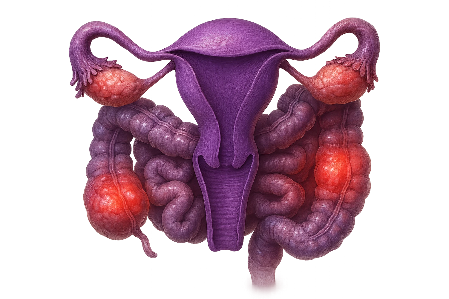 utero umano anatomico iperrealistico e intestino umano anatomico iperrealistico hanno in comune il dolore e l'infiammazione, rendi bene il collegamento tra i due organi doloranti, falla iperrealistica, non disegnata, fai colori che si adattano a questo viola #971ef1 emoji