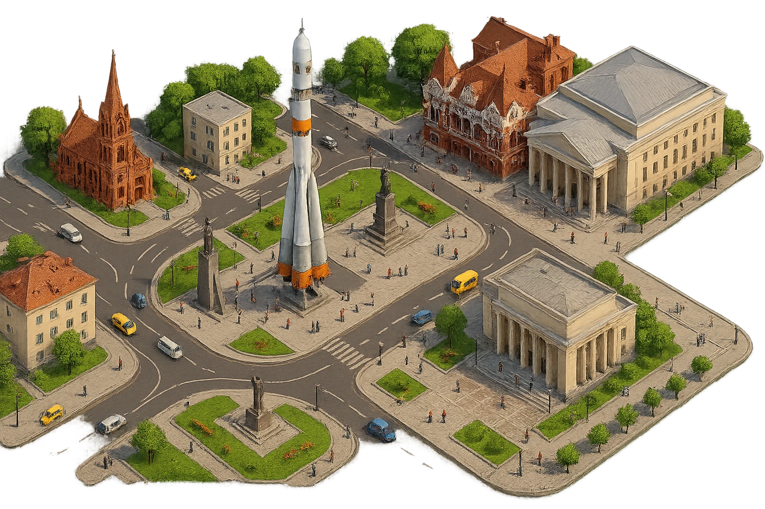 Изометричная чёткая миниатюрная фотореалистичная 3D модель панорамы Самары — Площадь Славы, Памятный комплекс ракеты-носителя «Союз», Храм Пресвятого Сердца Иисуса, Самарский академический театр драмы им. М. Горького, Самарский академический театр оперы и балета, набережная Волги, дома, люди, автотранспорт. Вид сверху в изометрии, яркие цвета, мультяшная рисованная реалистичность, прозрачный фон, компактная композиция. emoji