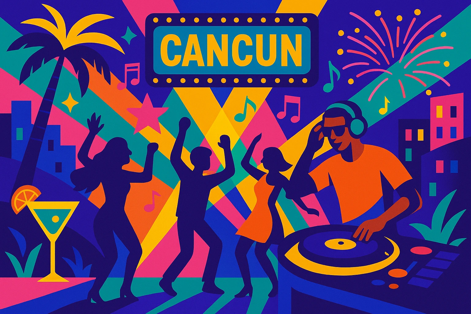 Cancun nightlife with colorful lights, music, dancing silhouettes emoji