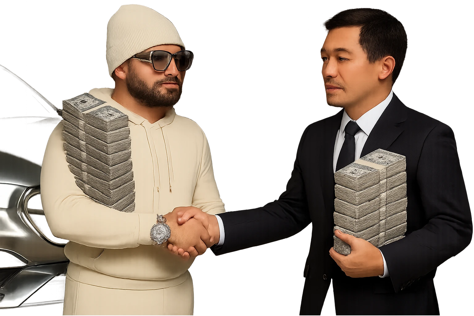 Edit the image to make only the watch, the glasses, and the car chrome. Keep everything else realistic and colored as in the example. Maintain the transparent background and all other details the same. emoji