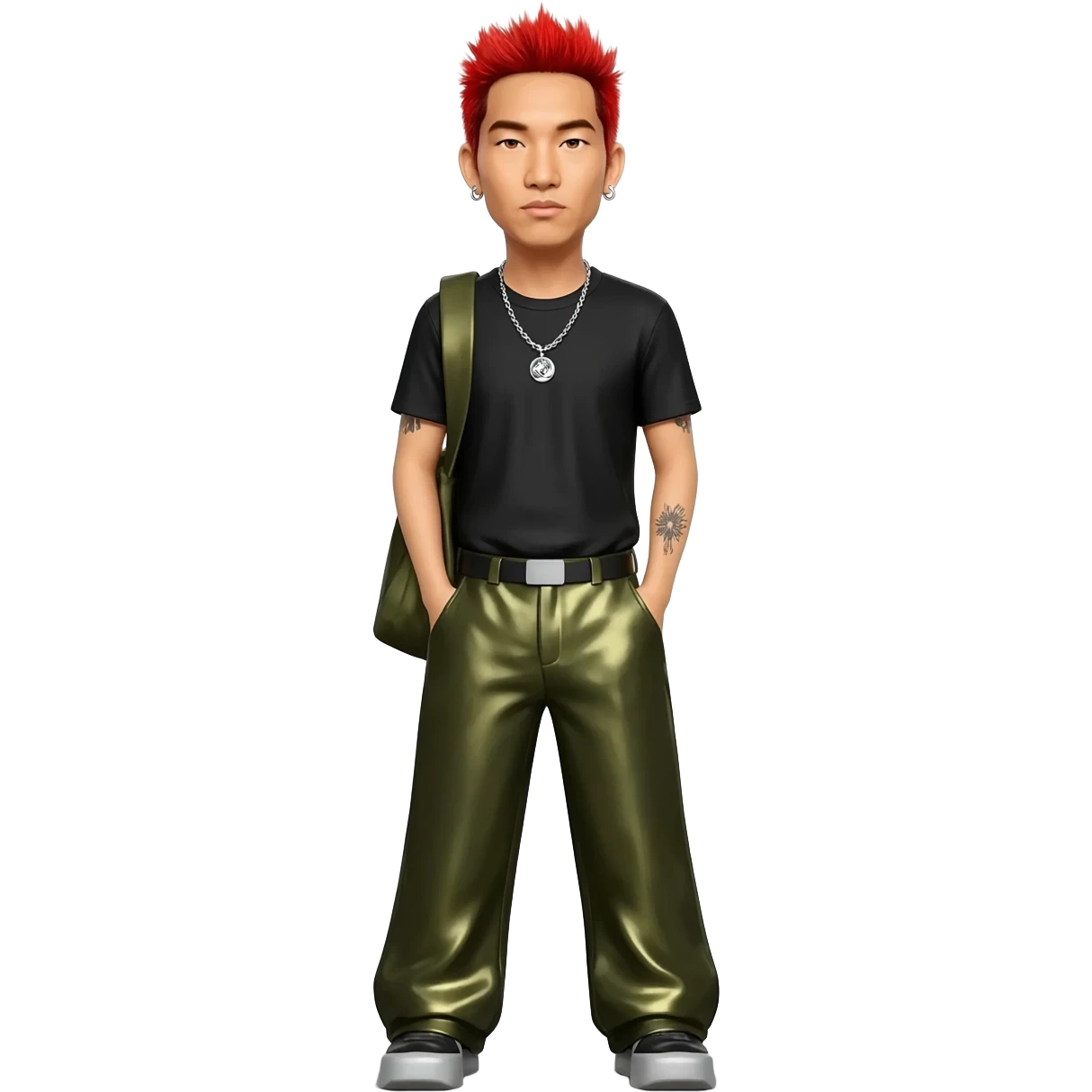 Mike Shinoda with red hair, black metallic T-shirt, olive metallic baggy pants, silver necklace emoji