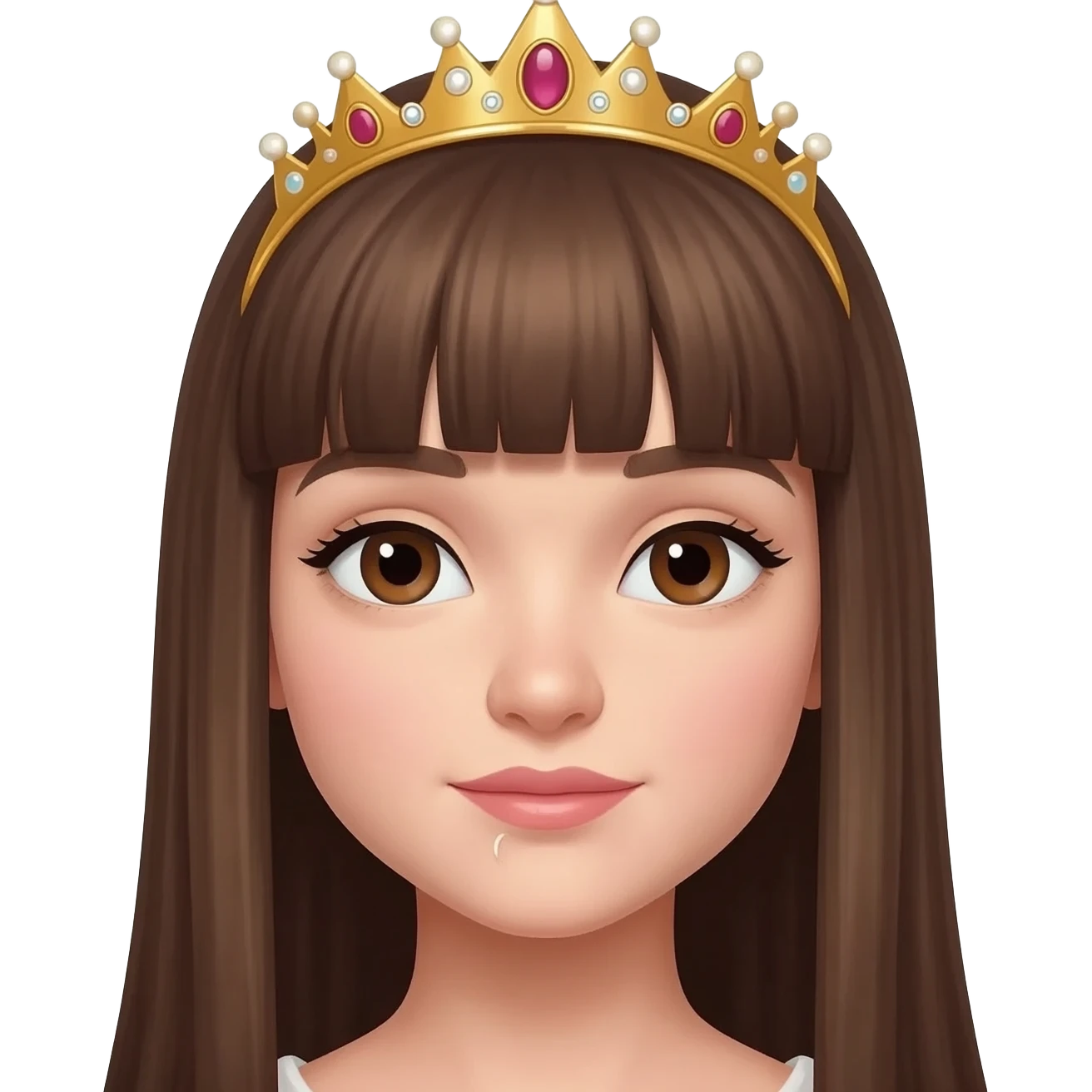 Princesa con nariz pequeña respingada nada exagerado cabello largo lacio con fleco castaño de ojos cafés con corona princesa tierna y sexy emoji