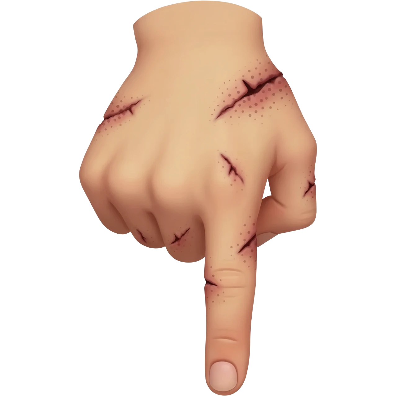 Faça a mão com os dedos virados para baixo como se estivesse andando e cicatrizes em toda amão com pontos  e a palida emoji