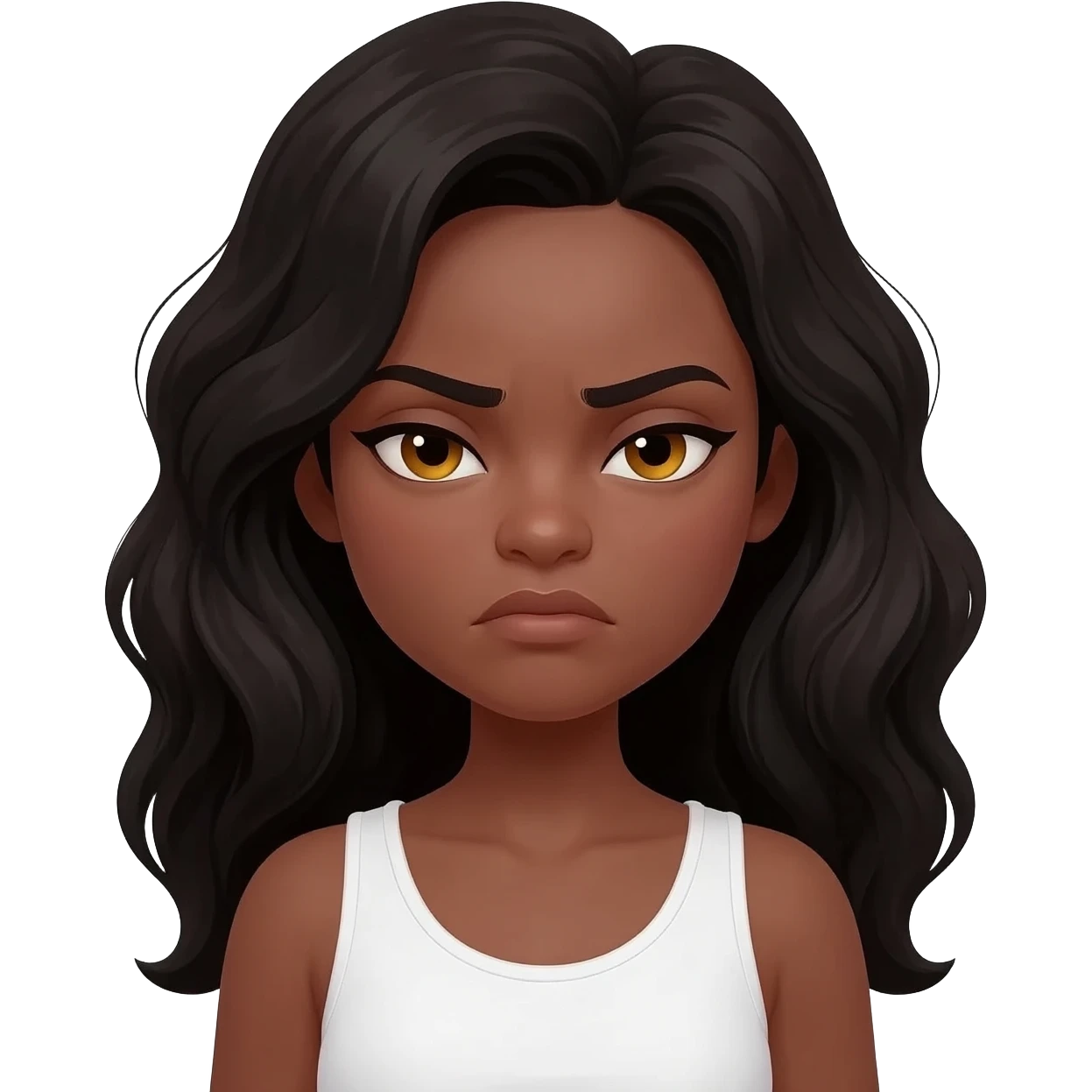 She has brown skin, long wavy black hair, and golden-brown eyes.She has a very discouraged, sad expression with downcast eyes and a slight frown. Image  Both images must strictly follow the 3D Apple Memoji / iOS emoji aesthetic from the reference: soft lighting, clean 3D rendering, white tank top emoji