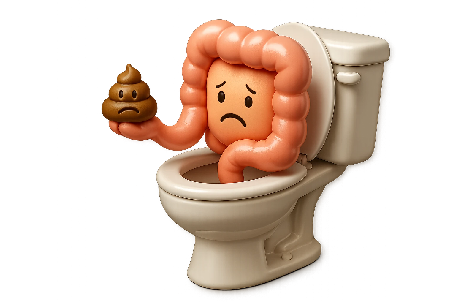 emoji stile iphone di un intestino realistico 3d che esce dal wc con in mano una montagnetta di feci con espressione triste a palline, iperrealistico 4k emoji