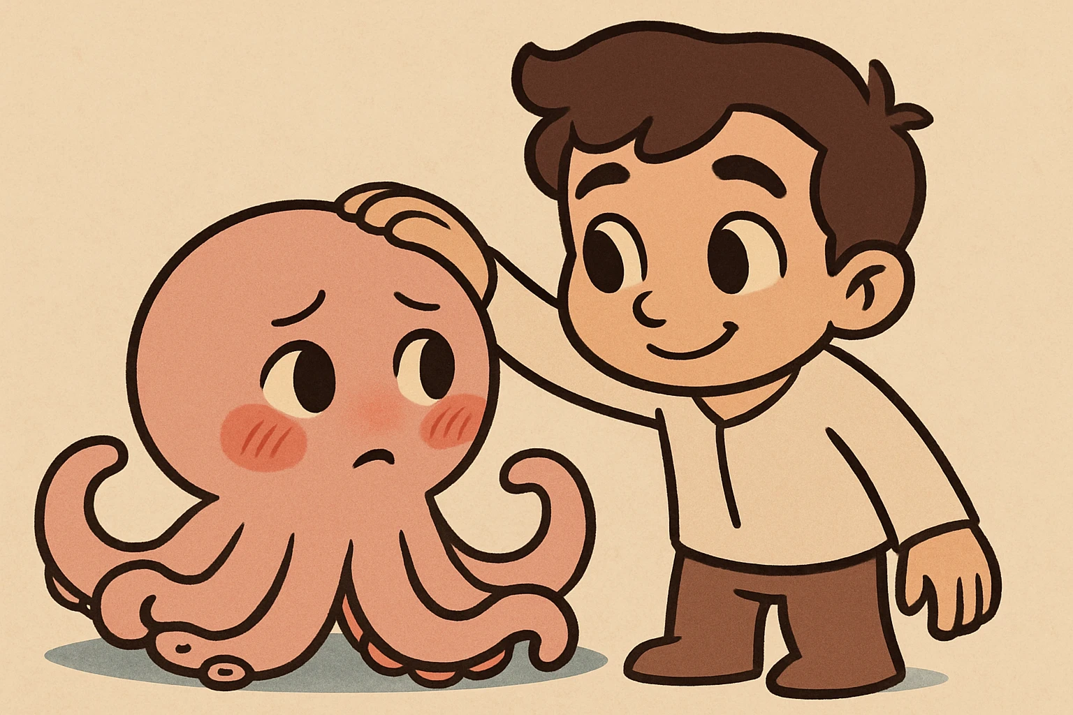 Change the octopus to have a shy expression with blushing cheeks and looking slightly away, while the human keeps a gentle smile. Cartoon style, keep the same pose. emoji