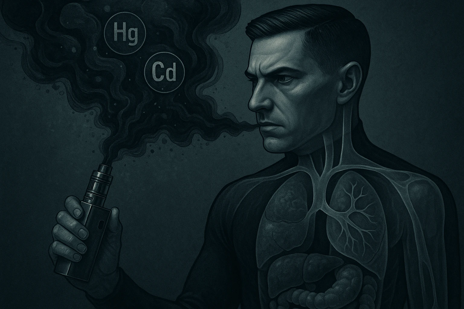 A stylized and unsettling electronic cigarette releasing dark metallic smoke filled with toxic particles. Within the smoke, symbols of heavy metals (Pb, Hg, Cd) travel towards a transparent human body. Inside the body, the liver and intestines appear blackened or visibly clogged. The atmosphere is dark, medical-symbolic style with cold metallic colors, conveying a strong and disturbing visual message. The face is inspired by the reference photo provided. emoji
