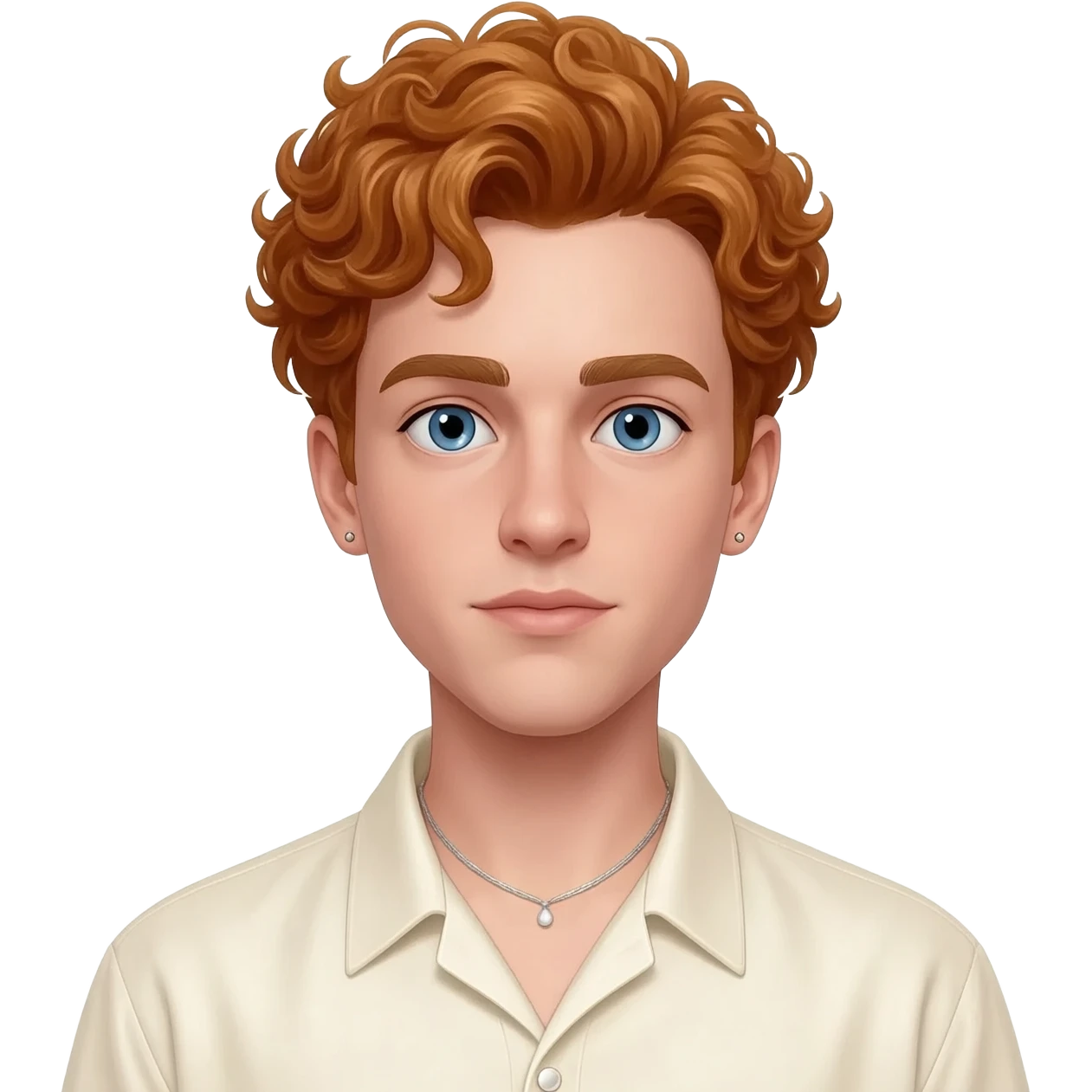 Finneas O'Connell with blue eyes, ginger hair, ivory metallic shirt, silver necklace and short earrings emoji