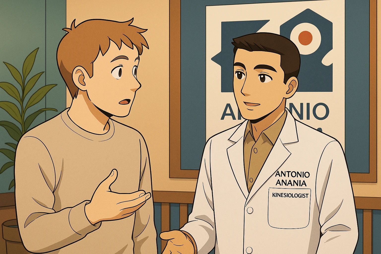 fai un webtoon manga a colori con questo stile, in cui un uomo chiede al kinesiologo con il camice bianco una domanda e il kinesiologo gli risponde, non fare i fumetti però, fai solo in modo che sembri stiano parlando emoji
