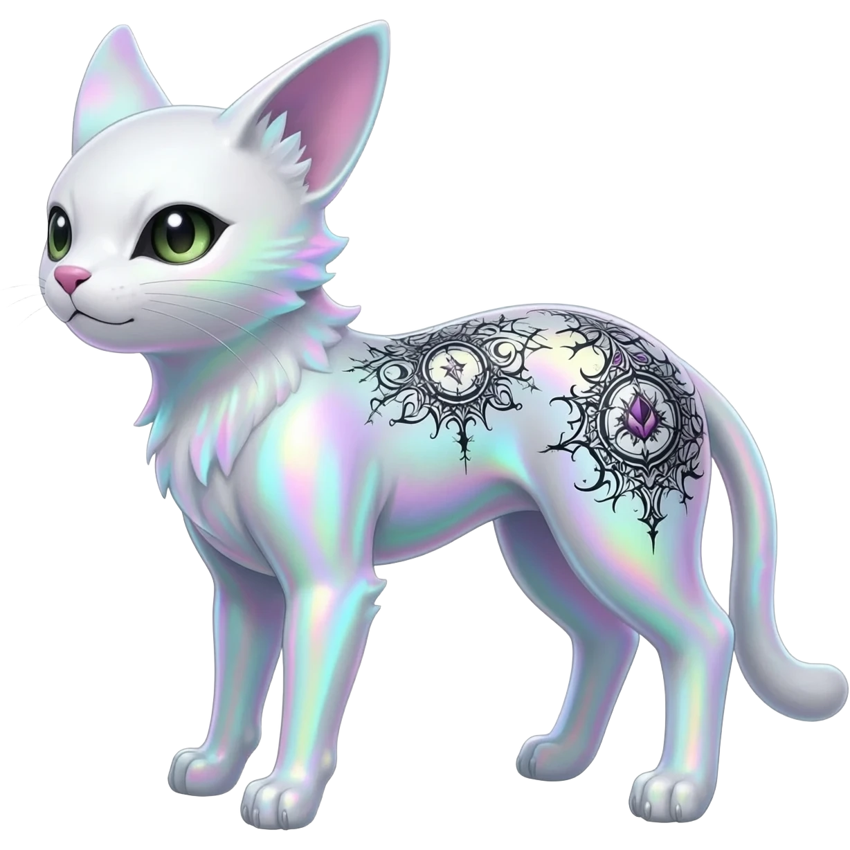 Rare neon iridescent white exotic cute epic aesthetic gothic colorful Salandit-Eevee-Civet-species-Fakemon-hybrid-creature, with intricate tattoo markings, full body emoji