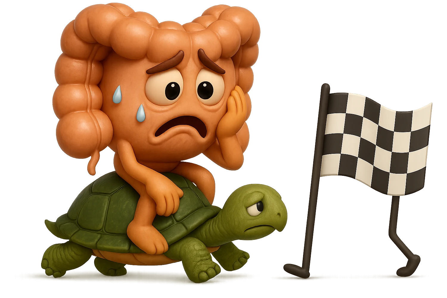  EMOJI STILE IPHONE 3D DI UN INTESTINO CON ESPRESSIONE ANGOSCIATA CHE CAMMINA SEDUTO IN GROPPA SUL GUSCIO DI UNA TARTARUGA IN ATTESA ESTENUANTE DI RAGGIUNGERE UN TRAGUARDO POCO PIù AVANTI, SULLA LORO DESTRA. IL TRAGUARDO è UNA BANDIERA A DUE PIEDI CON FASCIA A SCACCHI BIANCHI E NERI. iperrealistico 4k emoji