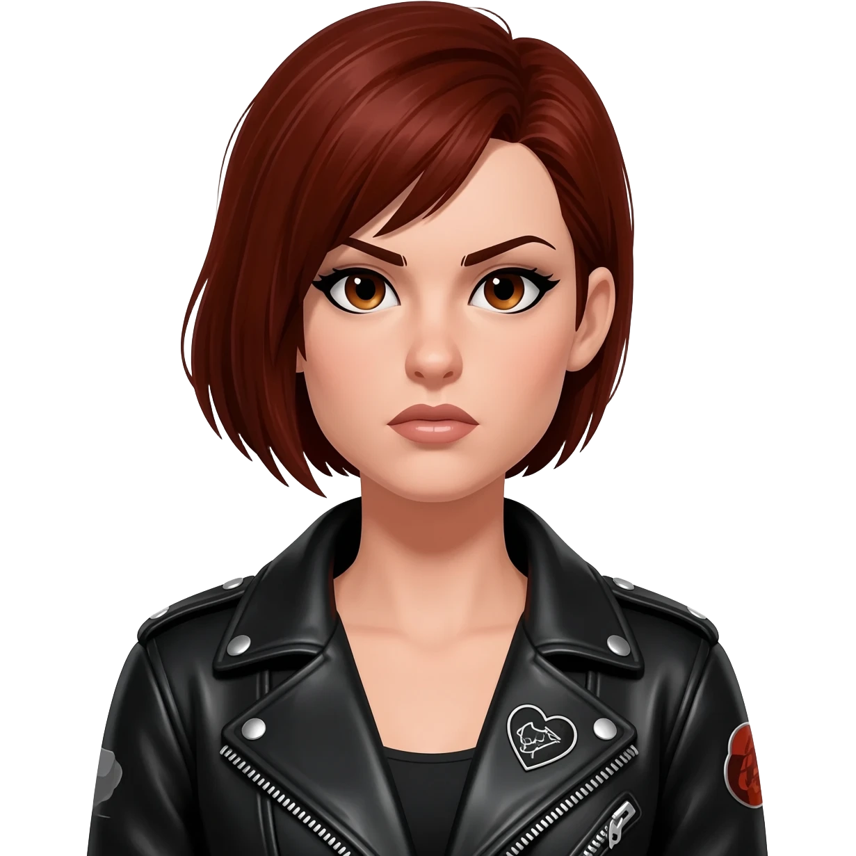 A female Harley rider with short mahogany-coloured hair, dressed in biker gear, with a heart. Slightly shorter hair and a tougher look emoji