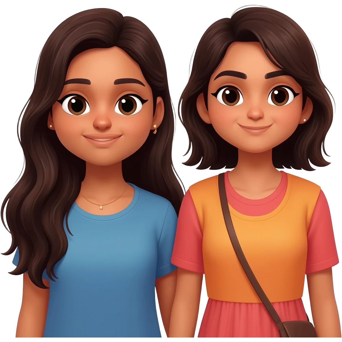 Two girl besties with dark brown hair Indian skin one has long hair one has shoulder length hair and a bit longer emoji