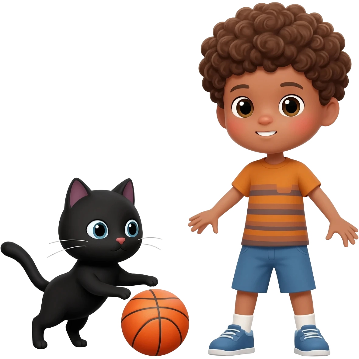 Black cat playing with orange basketball and a little boy with curly hair emoji
