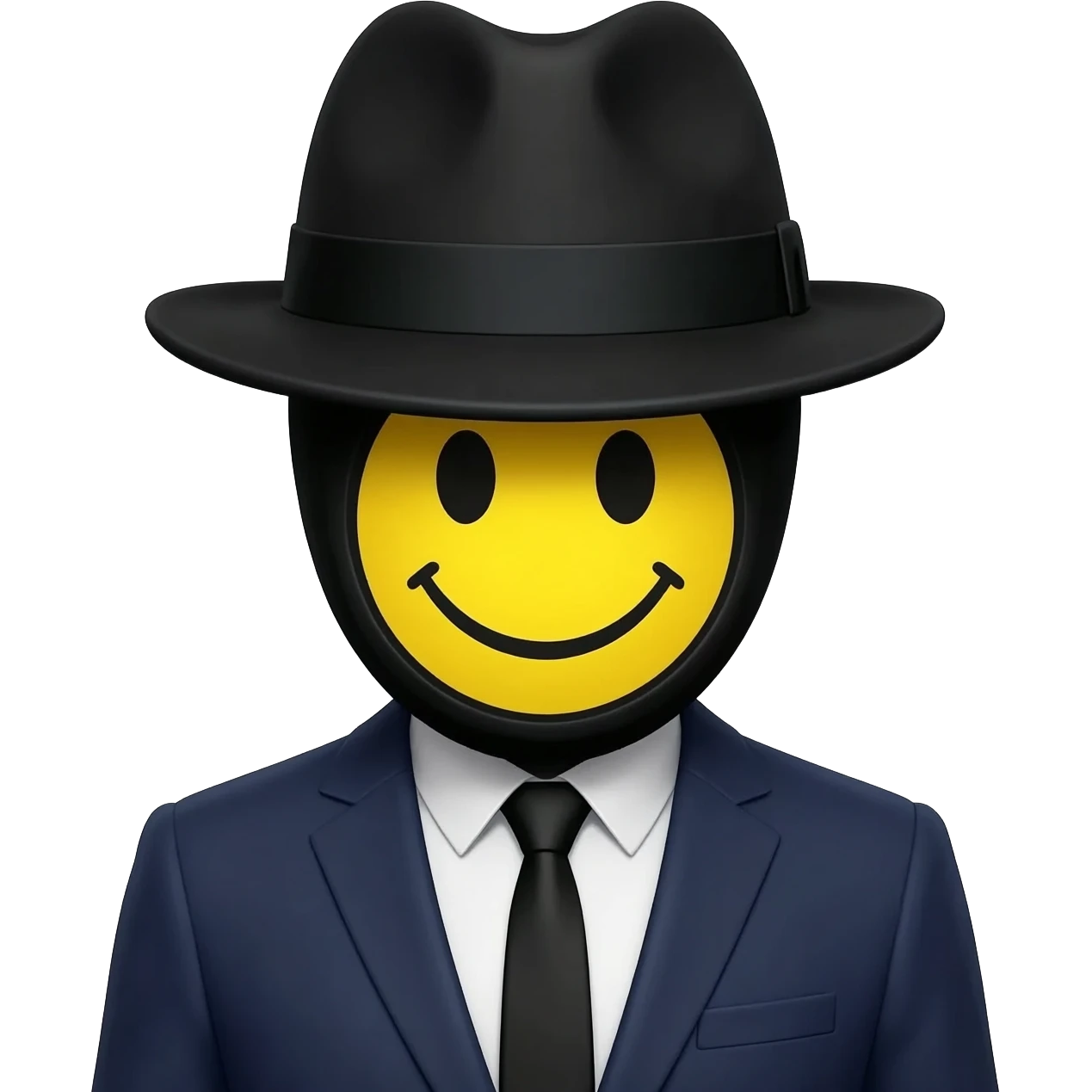 apple style emoji, man in a suit and fedora with a mask on his face that is just a yellow smiley face emoji