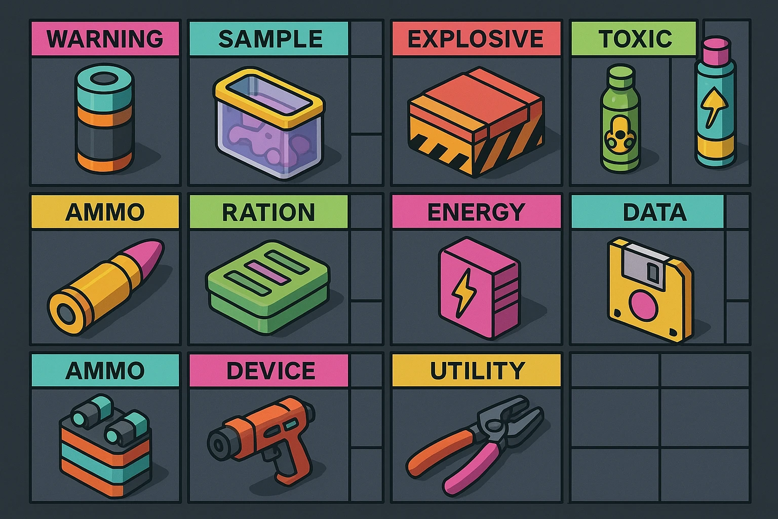 a virtual display, a gray grid with darker gray cells, each cell containing an item viewed in isometric minimalism render The cells have pastel neon colored labels in their upper corner, indicating various traits of the items. retrofuturism, circa 2880's.
The items are scientific and military in nature - varieties of munitions, scientific samples, rations, data storage, utilities. There are two arrays of grids, one left, one right. Each array has a few empty spaces at the bottom. "graphic realism." brutalism. the items are adorned in bright colors, neon-safety, early 90's pallete emoji