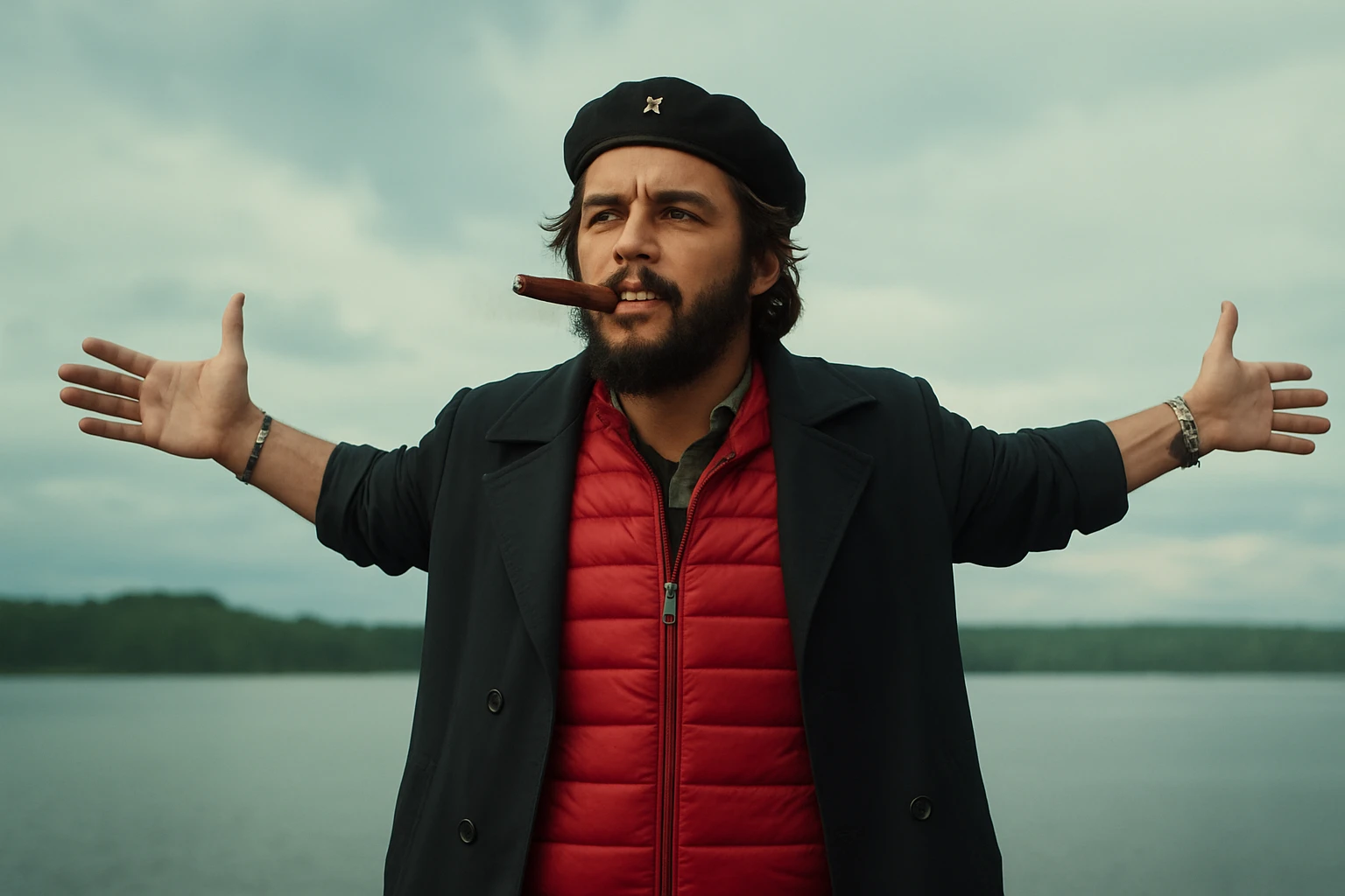 Сгенерируй мне в такой же позе и в такой же одежде Че Гевара и с сигарой в зубах, без надписей и слов emoji