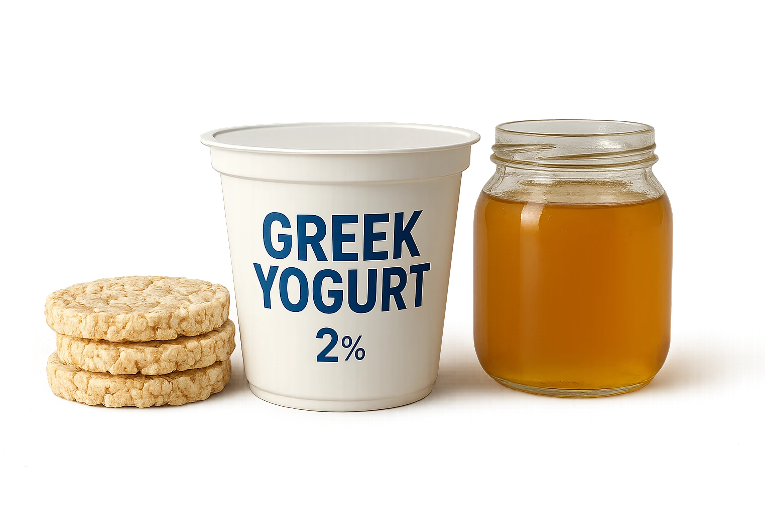 Yogurt Greco 2%
Miele (senza il cucchiaio di legno)
Gallette di Riso
vista frontale, iperrealistico 4k emoji