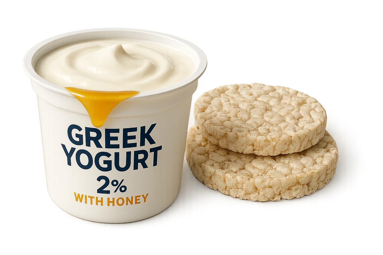 Yogurt Greco 2%
Miele (senza il cucchiaio di legno)
Gallette di Riso
vista frontale, iperrealistico 4k emoji