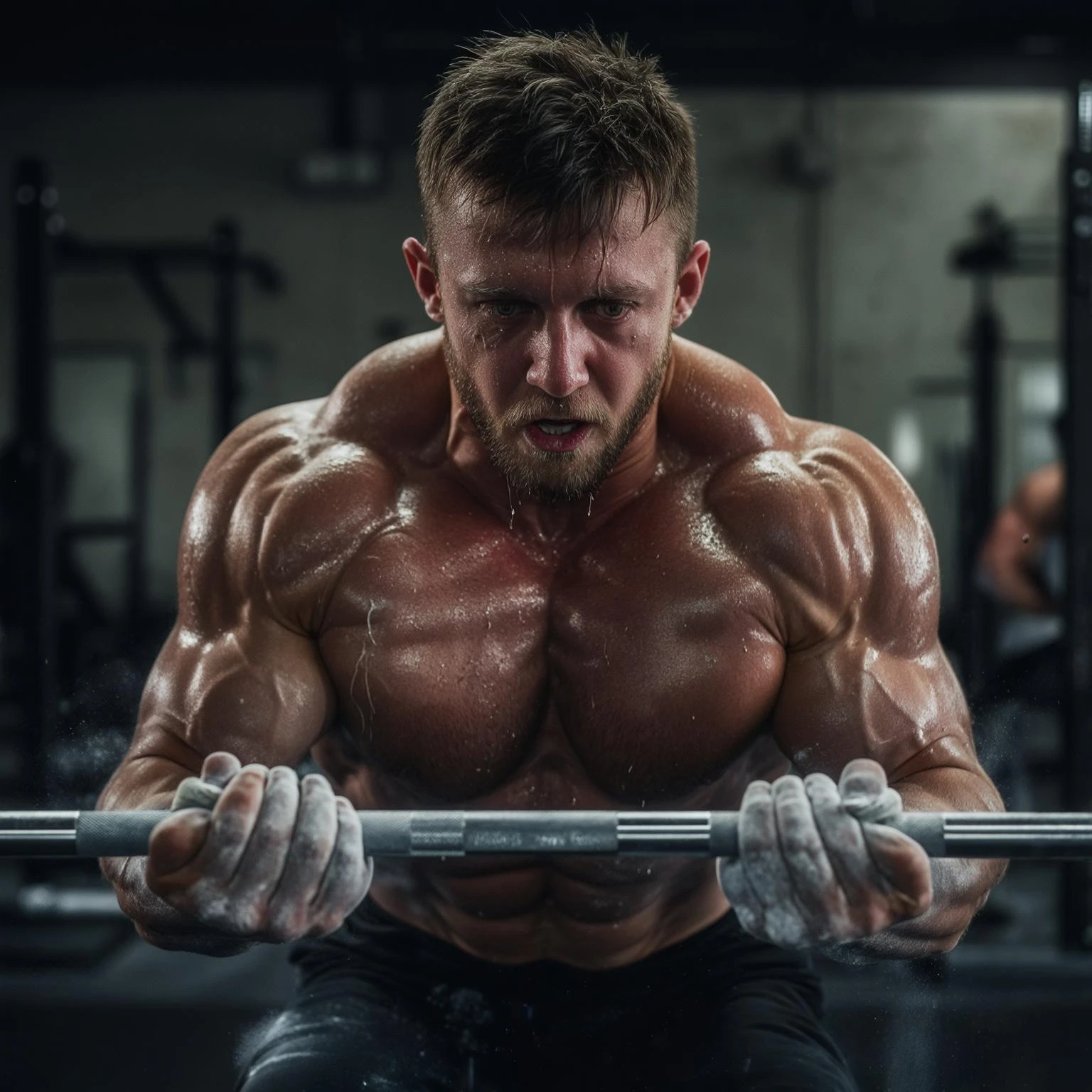 A muscular man in his early 30s, mid-workout in a gym, sweating heavily, expression showing fatigue and strain but still focused. He’s performing heavy barbell squats or deadlifts, with chalk-covered hands, and a visible training logbook nearby showing notes like 'Week 4 – Alto Volume'.  emoji