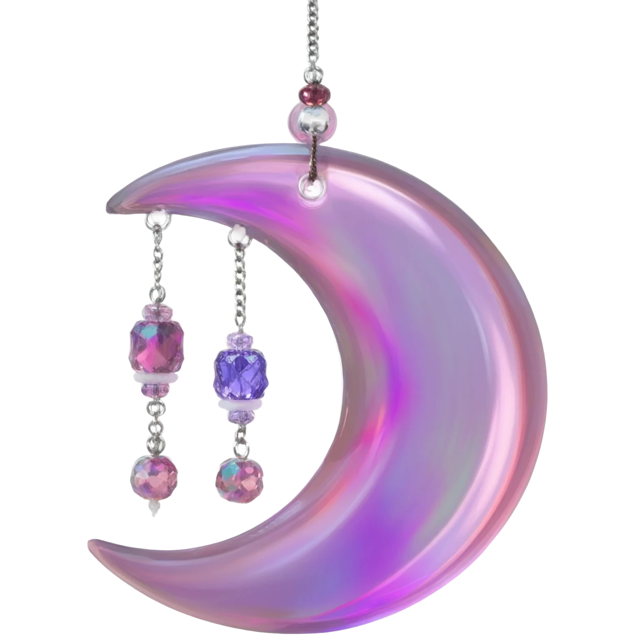 Iridescent shiny transparent pastel purple-pink-indigo-violet crescent Dreamcatcher-suncatcher hanging from a thread, with gemstones, and beads emoji