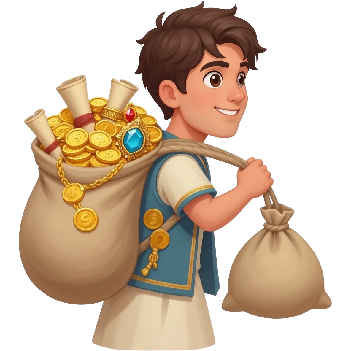  парень несет мешок с драгоценносями за спиной во весь рост времена древнего иерумалима  emoji